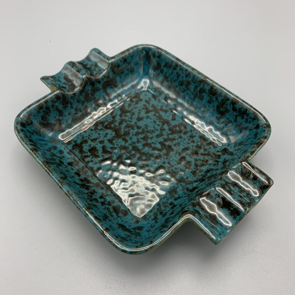 Vintage Fat Lava W Germany Blue Black Speckled Cigar Cigarette Pottery Ashtray